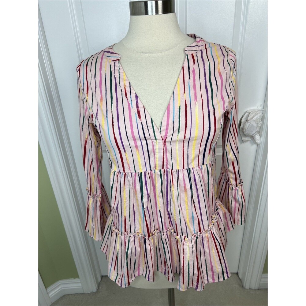 Tuckernuck Pomander Place Babydoll Tiered Pink Striped Top blouse Size XS EUC